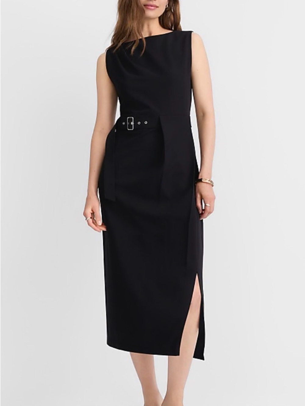 LOFT Black Sleeveless Belted Midi Dress with Side Slit